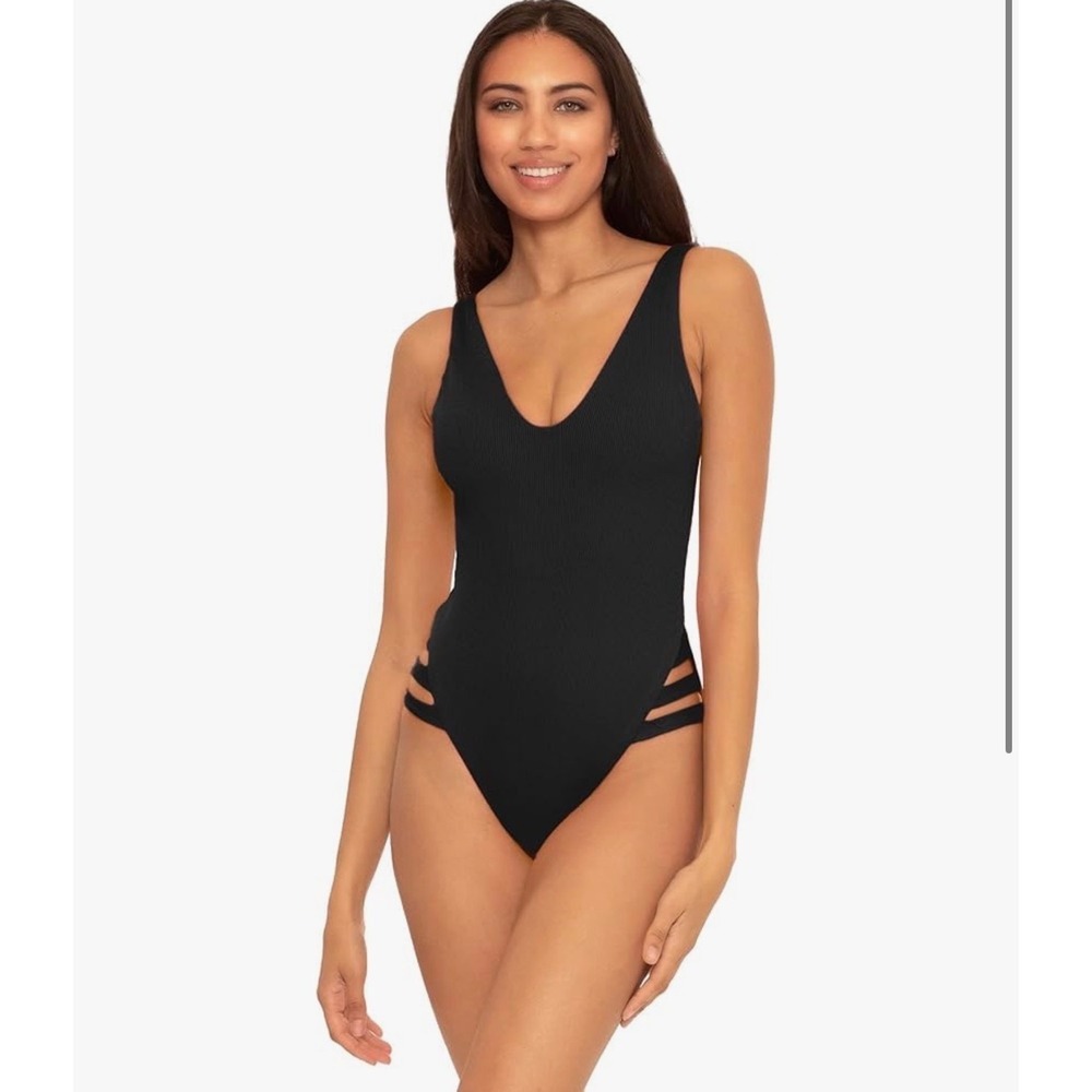 Becca Black High Leg Strappy One Piece Swimsuit, Small